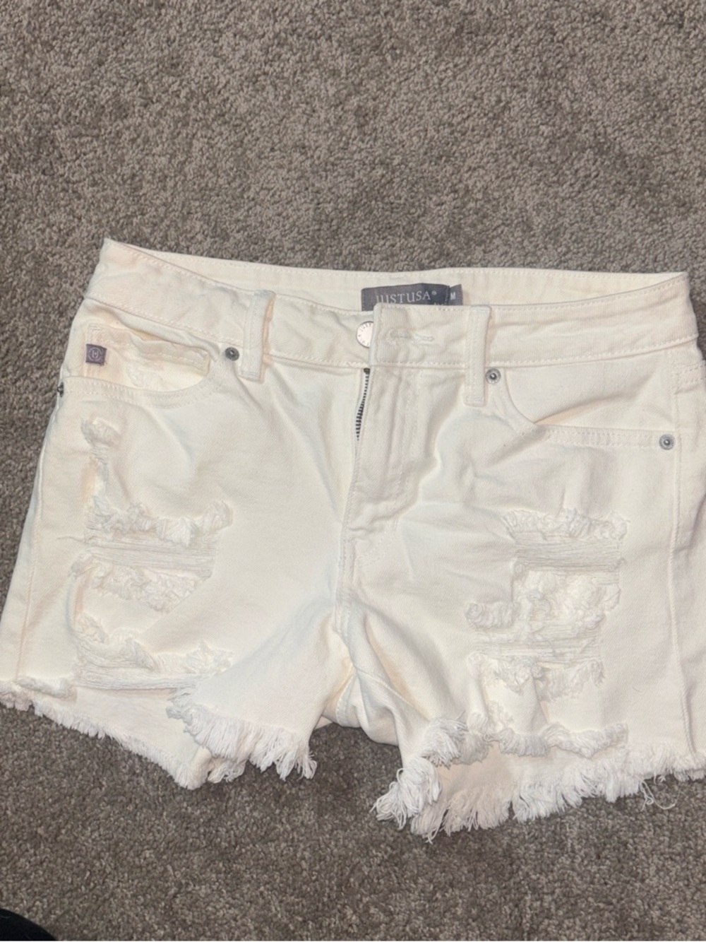 Just USA Cream Distressed Frayed Hem Denim Shorts